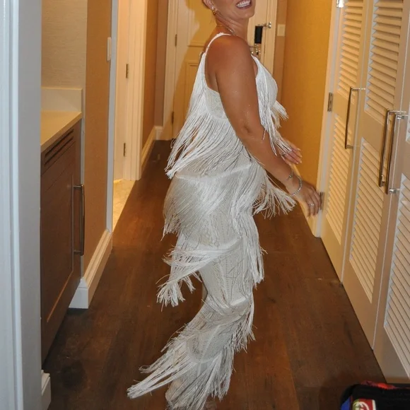 White/cream fitted fringe and crochet overlay jumpsuit - Picture 4 of 4